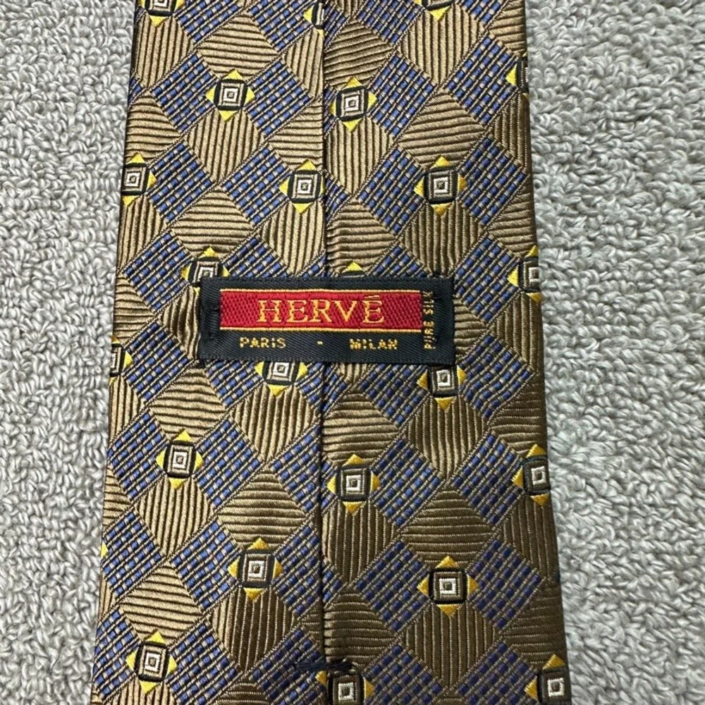 Herve Paris Milan Silk Tie Mens Gold Navy Blue Geometric Diamond Made in Italy